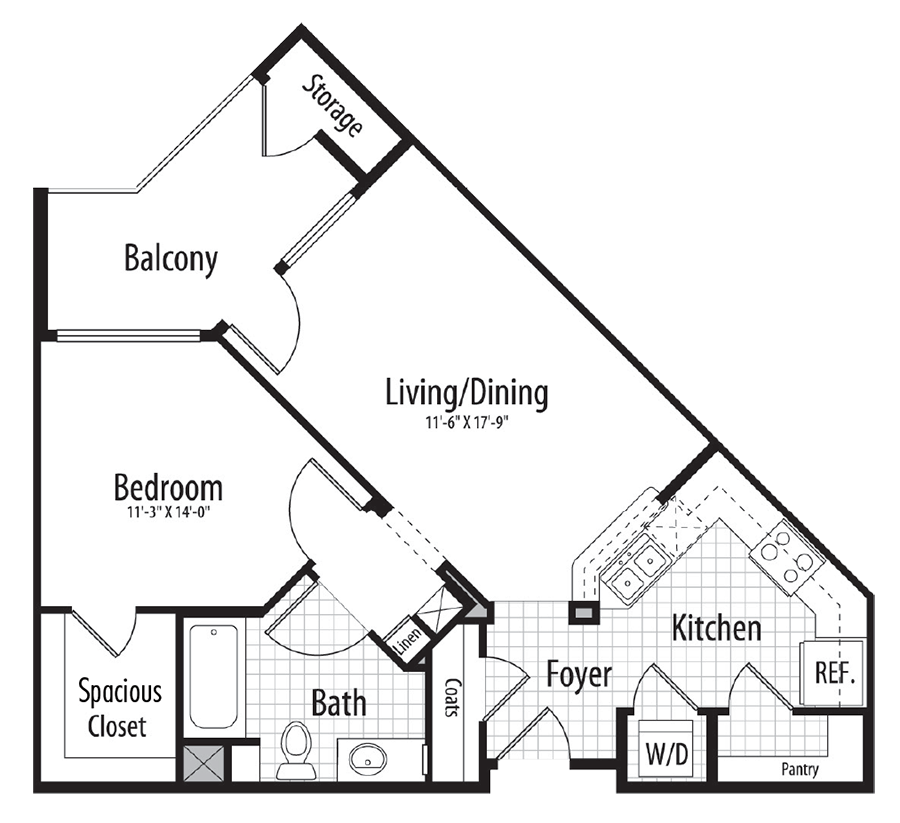 Floor plan for 1 bed, 1 bath, 651 sqft